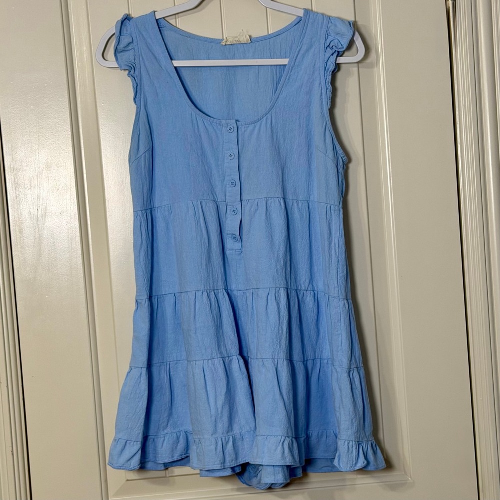 Light Blue Tiered Ruffle Romper 100% Cotton Large Coastal Beachy Soft Girl